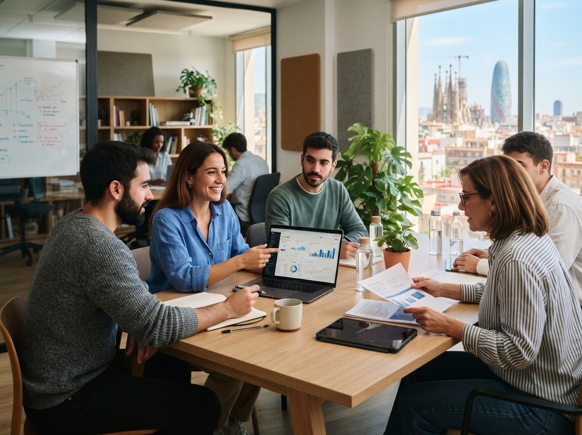 Sobrio Cuotencia equipo revisando modelos de análisis de datos en un entorno de oficina